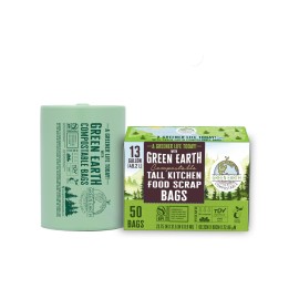 Green Earth Compostable Tall Kitchen Food Scrap Trash Bags, Superior Strength 0.9 Mil, Compost Bin Compatible, 13 Gallon, 49 Liter, 50-Count, ASTM D6400, BPI (US) & OK Compost Home (EU) Certified