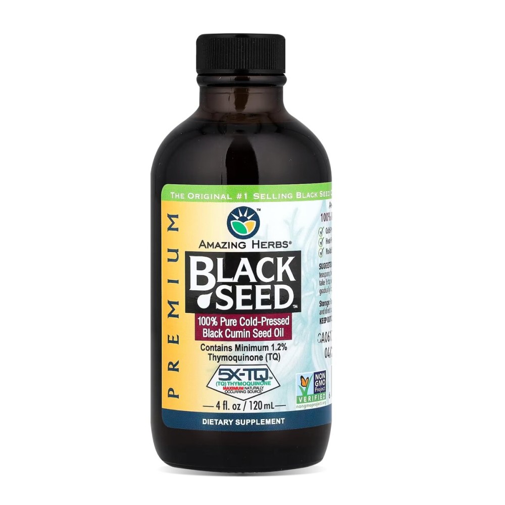 Amazing Herbs Premium Black Seed Oil - Cold Pressed Nigella Sativa Aids in Digestive Health, Immune Support, Brain Function, Joint Mobility, Gluten Free, Non GMO - 4 Fl Oz