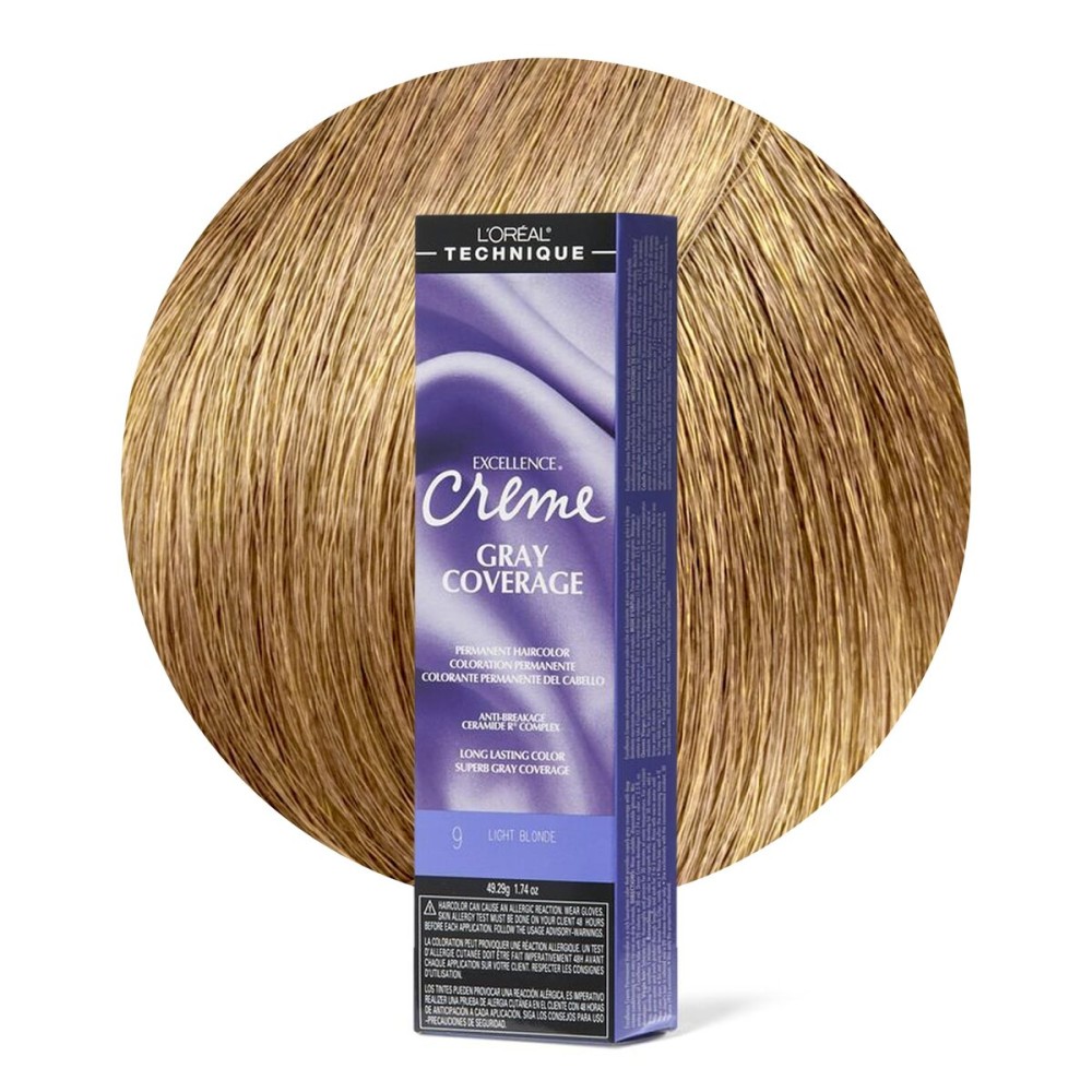 L\'OREAL TECHNIQUE Excellence Crme Permanent Hair Color - Long-Lasting Hair Dye, Rich Formula With No-Drip Application, Superb Gray Coverage, 9 Light Blonde