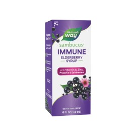 Nature\'s Way Sambucus Immune Elderberry Syrup, Elderberry Extract, Vitamin C, Zinc, Echinacea, Propolis, Daily Immune Support*, Antioxidant Support*, Gluten free, 8 Fl Oz (Packaging May Vary)