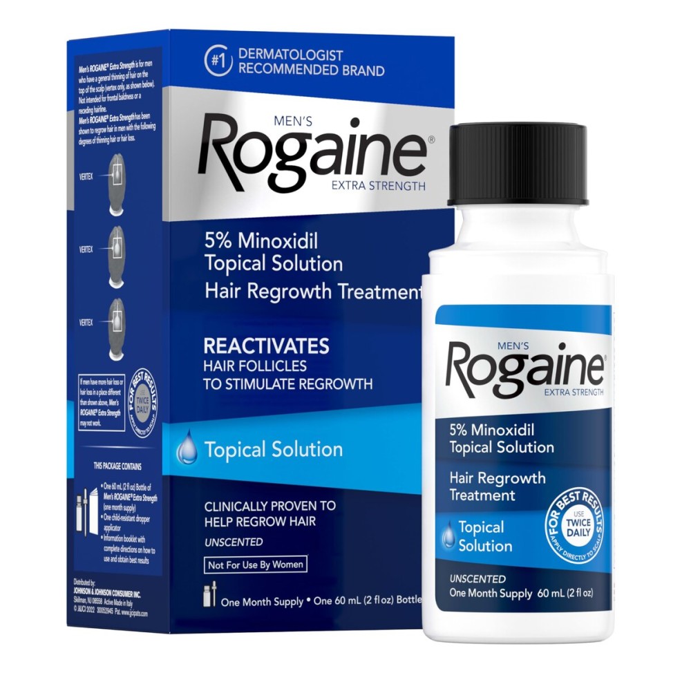 Men\'s Rogaine Extra Strength 5% Minoxidil Topical Solution for Hair Loss & Regrowth, Topical Treatment for Men, Unscented Minoxidil Follicle Booster Liquid, 1-Month Supply, 2 fl. oz