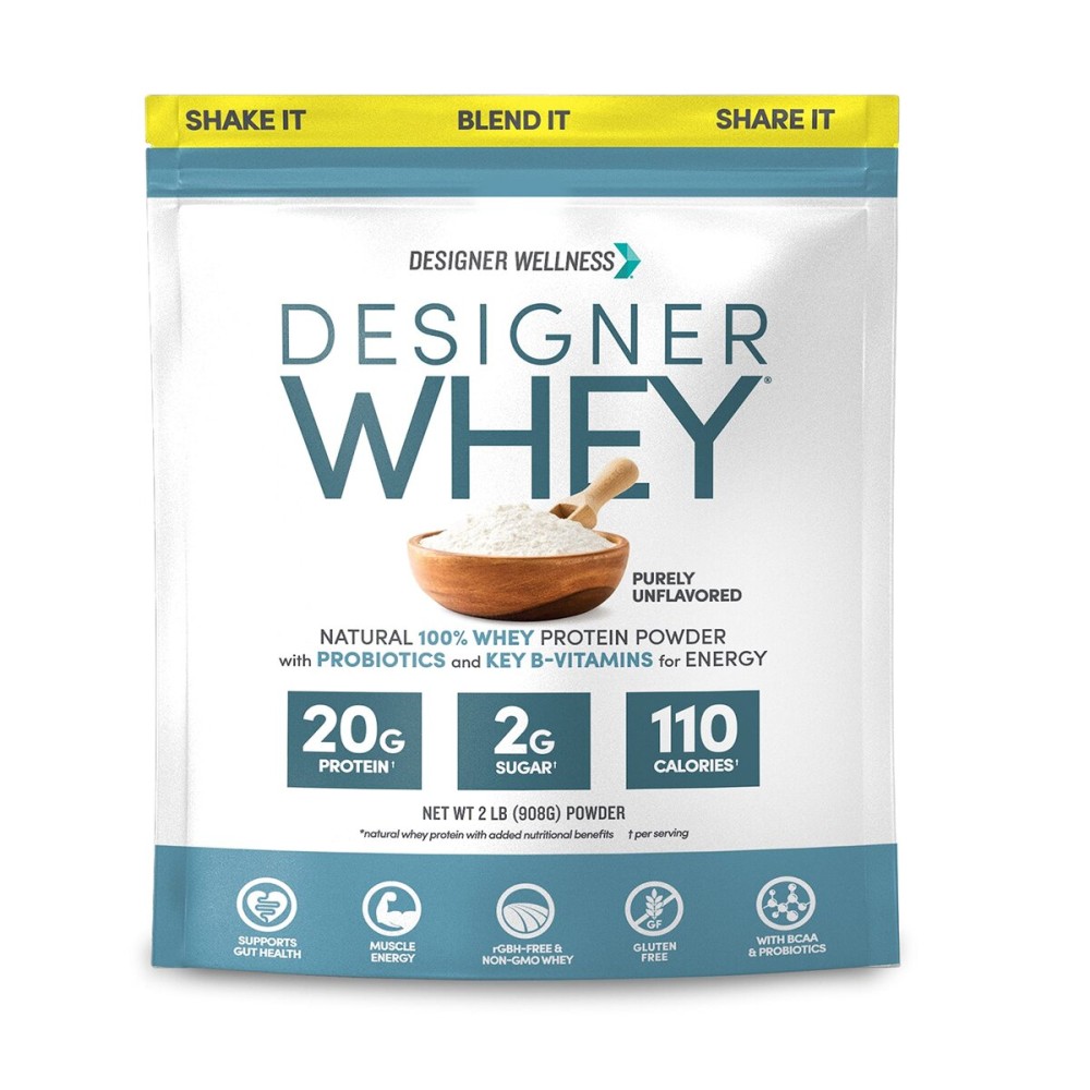 Designer Wellness, Designer Whey, Natural Whey Protein Powder with Probiotics, Fiber, and Key B-Vitamins for Energy, Gluten-Free, Purely Unflavored, 2 lb