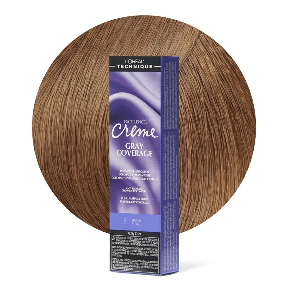 L\'OREAL TECHNIQUE Excellence Crme Permanent Hair Color - Long-Lasting Hair Dye, Rich Formula With No-Drip Application, Superb Gray Coverage, 8 Medium Blonde