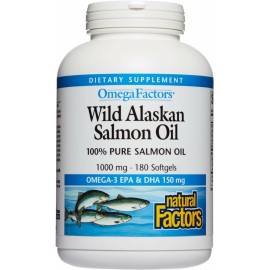 Natural Factors Wild Alaskan Salmon Oil Provides Omega-3, EPA, DHA & Vitamin D, Supports Brain & Heart Health, 180 Softgels