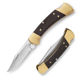 Buck Knives 112 Ranger Hunting Knife, 3 Blade, Lockback Design, Ebony Handle, Brass Bolsters, 420HC Stainless Steel Clip Point Blade, Sheath Included, Folding Knife Made in the USA, 5.6 oz