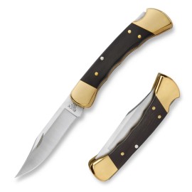 Buck Knives 110 Folding Hunter Knife with Finger Grooves, 3-3/4 Blade, Lockback Design, Ebony Handle, 420HC Stainless Steel Clip Point Blade, Sheath Included, Hunting Knife Made in the USA, 7.2 oz