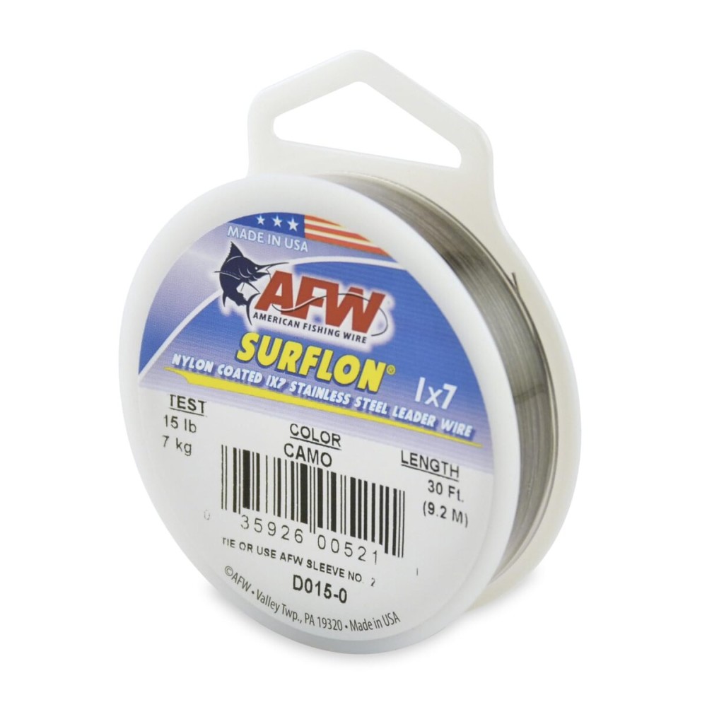 American Fishing Wire Surflon, Nylon Coated 1x7 Stainless Steel Leader Wire, 15 lb Test, .015 Diameter, Camo, 30 ft