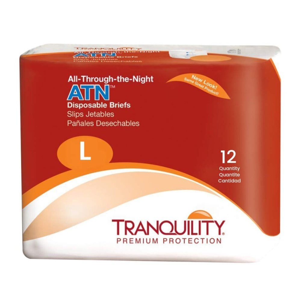 Tranquility Premium ATN Disposable Briefs with Tabs, Overnight Protection Superabsorbent Core for Leak-Free and Full-Fit Comfort, Large 72ct Case