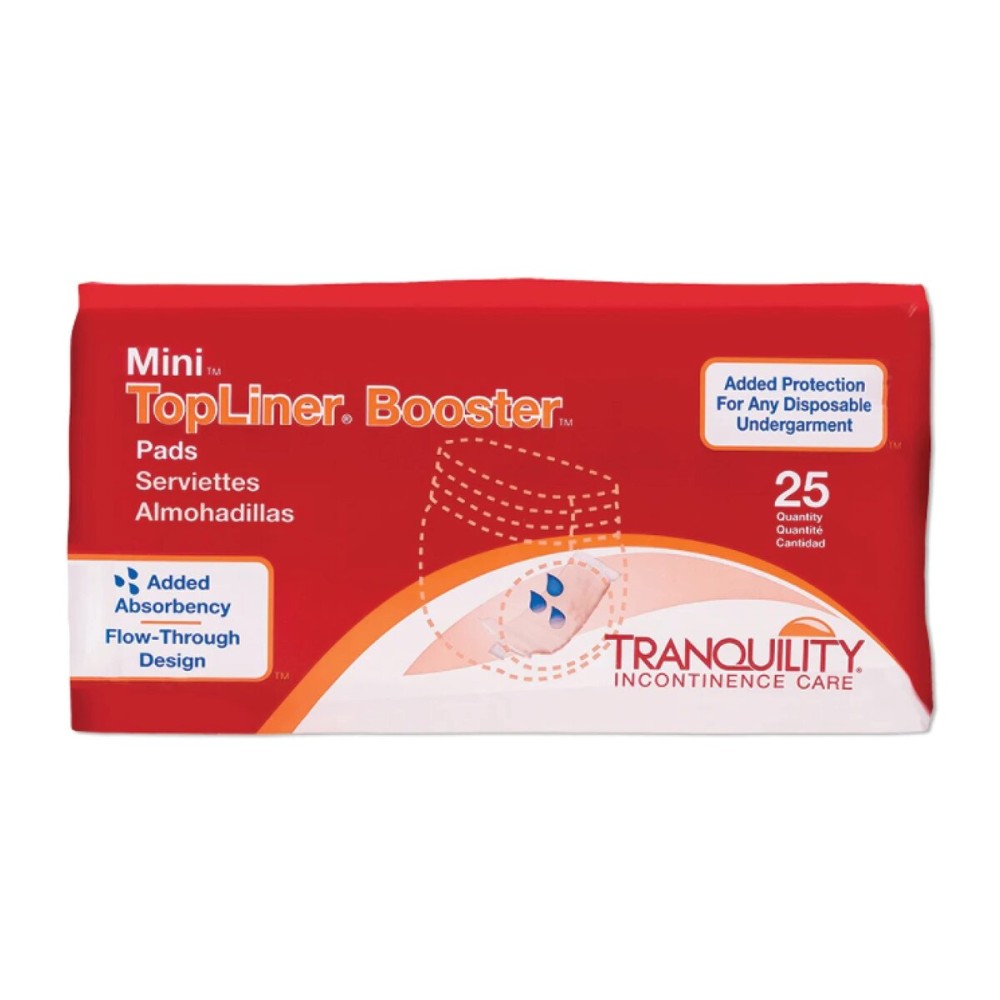 Tranquility TopLiner Disposable Booster Pads, Mini (10.5 x 2.75), Flow-Through Design with Adhesive Strip for Max Absorption, Adult Unisex, 25ct Bag