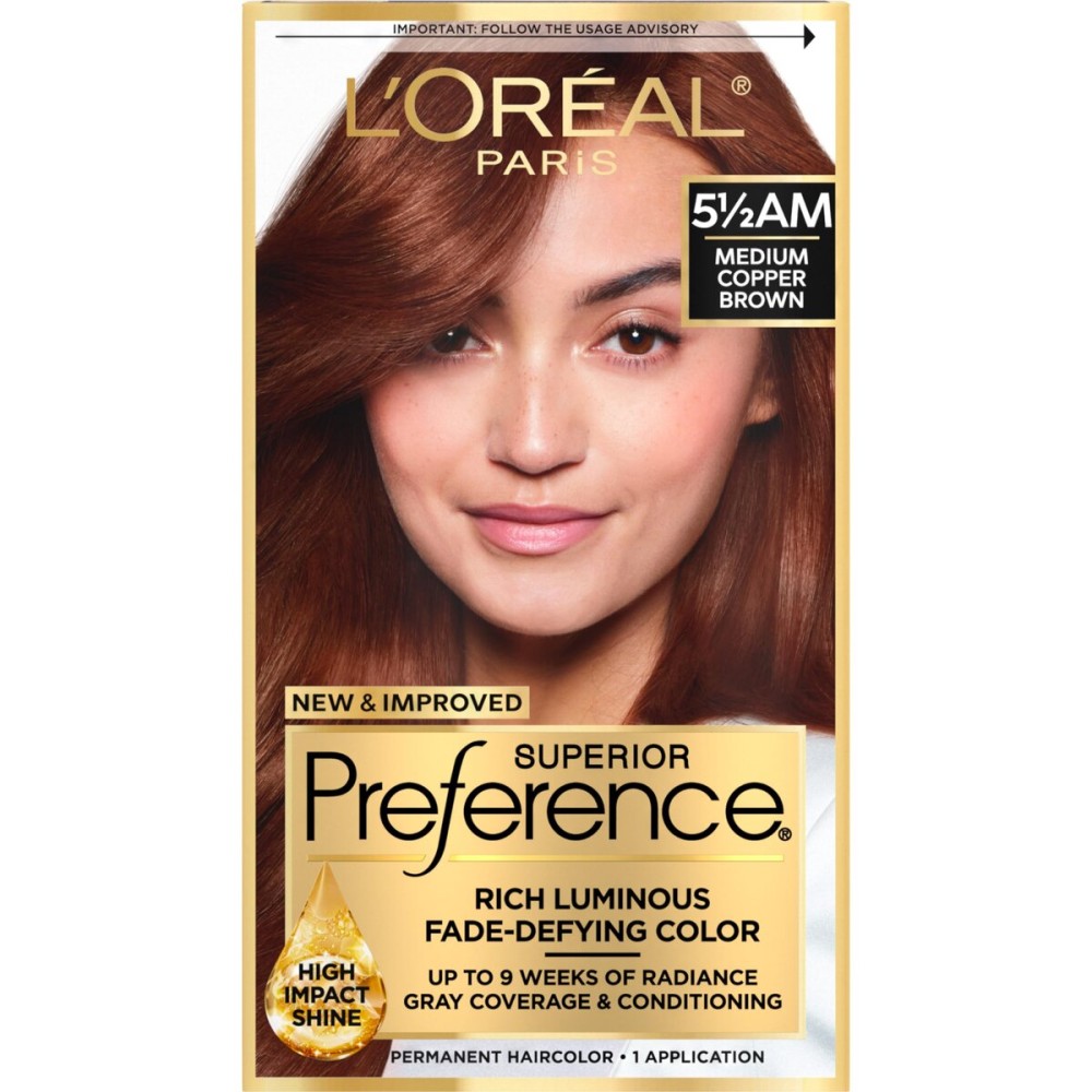 L\'Oreal Paris Superior Preference Luminous Fade-Defying Permanent Hair Color, Hair Dye For Up to 9 Weeks of Radiance, Medium Amber Copper Brown 5.5AM, 1 Hair Dye Kit