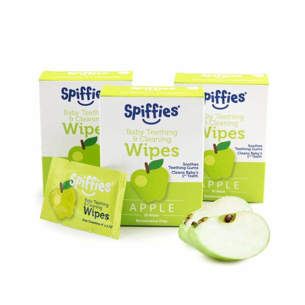 Spiffies Baby Teeth Wipes - Apple Flavor, Xylitol-Enriched Baby Gum Cleaner & Dental Wipes for Teething Relief and Teeth Cleaning - Safe for Infants & Toddlers, 20 Count (Pack of 3)