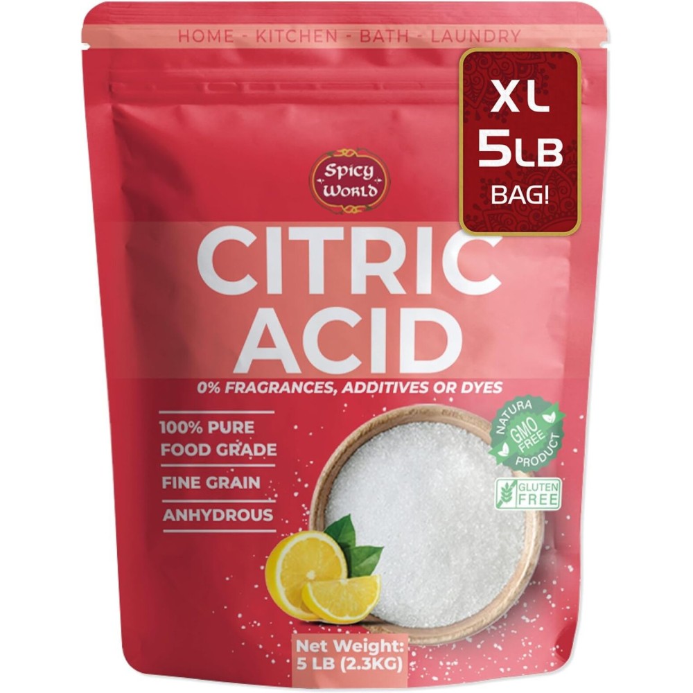 Pure Citric Acid 5 LB Bulk Bag - 100% Natural, Food Grade, Non-GMO - Citric Acid Powder for Cleaning, Bath Bombs, Preserving | Fine Granular | Premium Quality by Spicy World