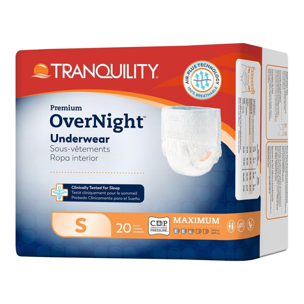 Tranquility Premium OverNight Disposable Absorbent Underwear (20 Count) - S, 22-36 in. Waist - Maximum Absorbency, All-Night Sleep, Breathable Comfort, 20 Adult Diapers