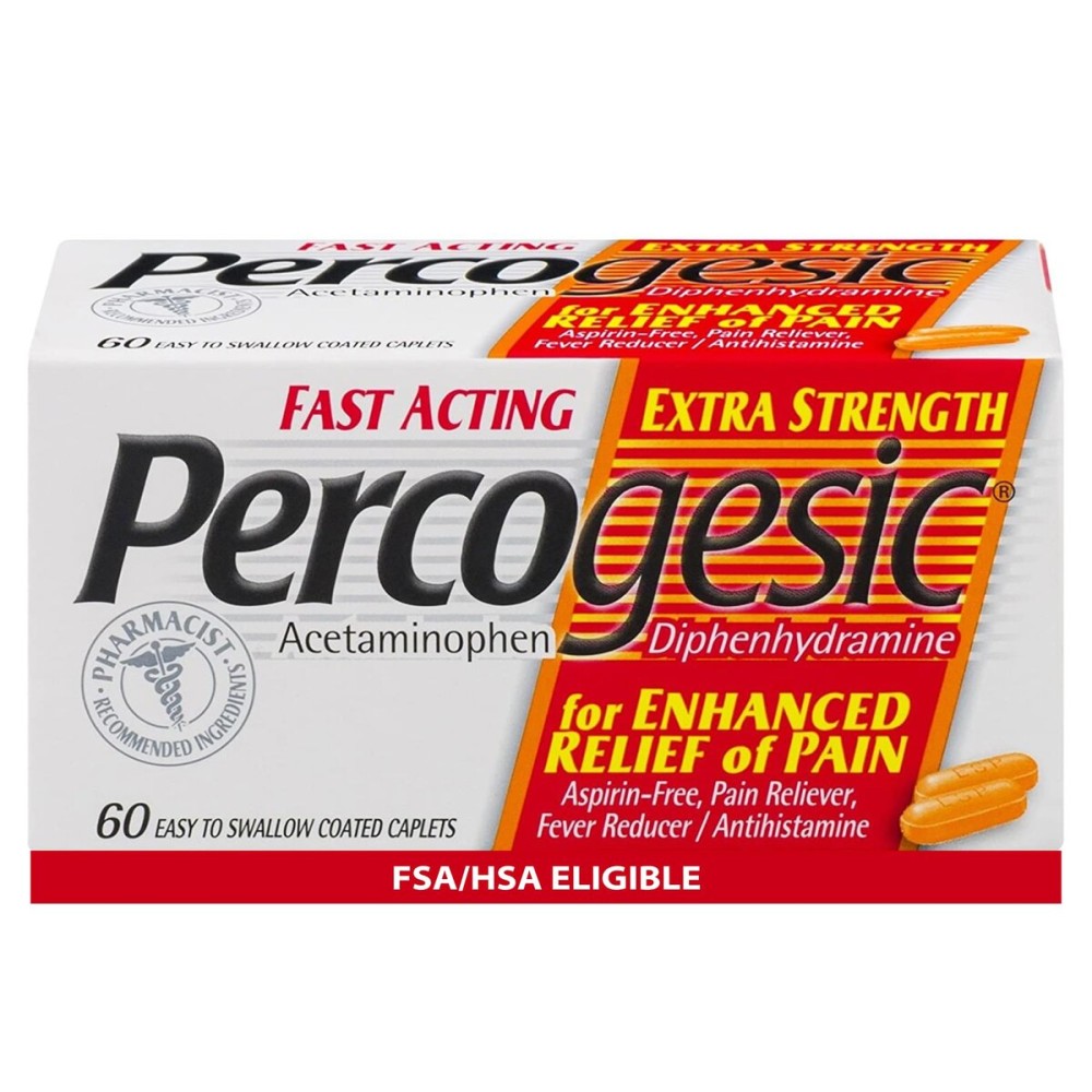 Percogesic Extra Strength Acetaminophen & Diphenhydramine Pain Relief, Fast-Acting Aspirin-Free Fever Reducer & Antihistamine, 60 Count