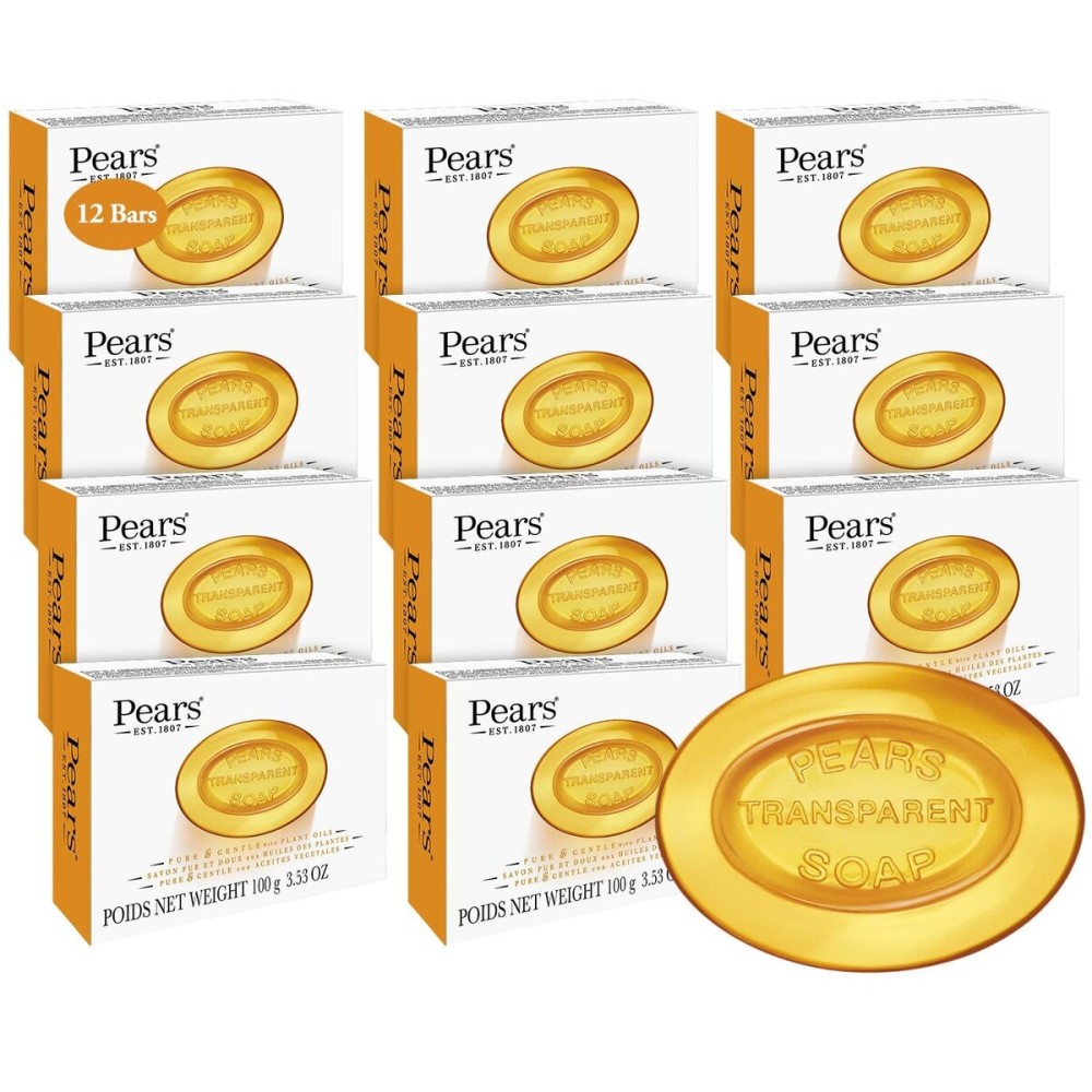Pears Soap, Pure & Gentle with Natural Oils, 12-Pack - Transparent Amber Glycerin Soap for Pampered, Glowing Skin, 3.53 Oz Ea