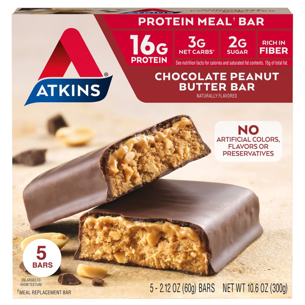 Atkins Chocolate Peanut Butter Protein Meal Bar, High Fiber, 16g Protein, 2g Sugar, 3g Net Carb, Meal Replacement, Keto Friendly, 5 Count