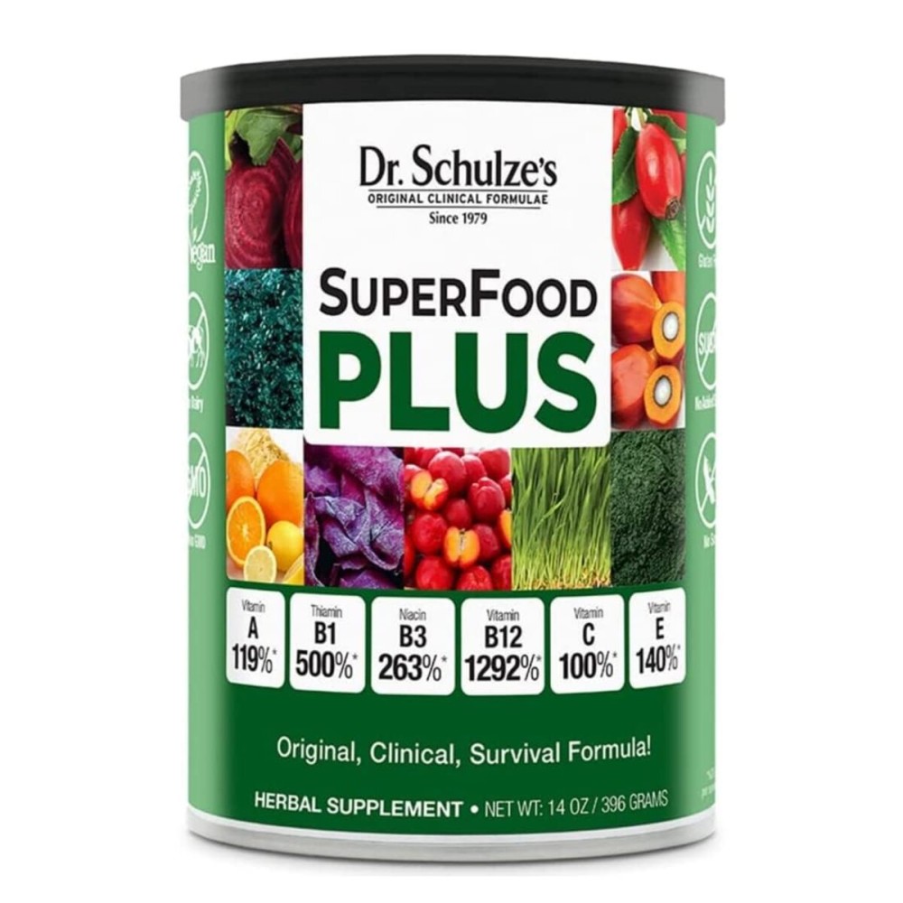 Dr. Schulze\'s SuperFood Plus | Vitamin and Mineral Herbal Concentrate | Daily Nutrition | Gluten-Free and Non-GMO | Vegan | 14 Ounce Powder | Packaging May Vary