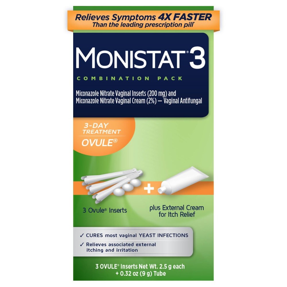 Monistat 3-Day Yeast Infection Treatment for Women, 3 Miconazole Ovule Inserts & External Itch Relief Cream (9g Tube) Combo Pack