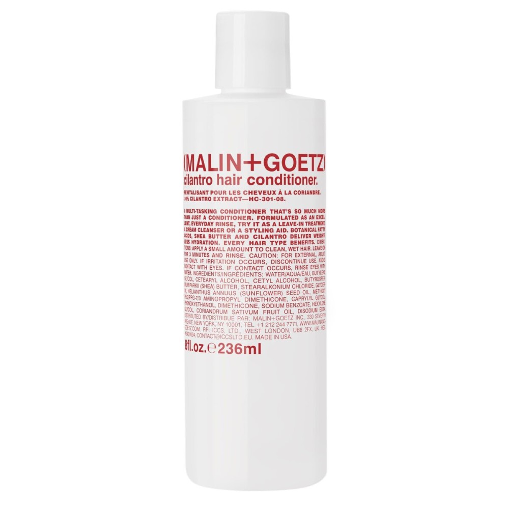 MALIN+GOETZ cilantro conditioner residue-free, lightweight scalp treatment. conditions, detangles, balances pH, intensely hydrates. tames frizz for all hair types. vegan & cruelty-free, 8 Fl oz