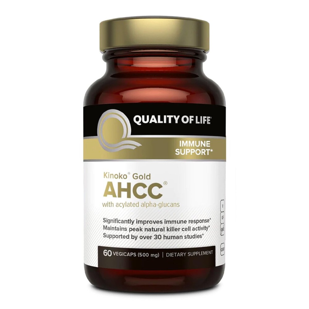 Quality of Life Premium Kinoko Gold AHCC Supplement, 500 mg per Capsule, Supports Immune Health, Liver Function, Maintains Natural Killer Cell Activity & Enhances Cytokine Production, 60 Veg Capsules