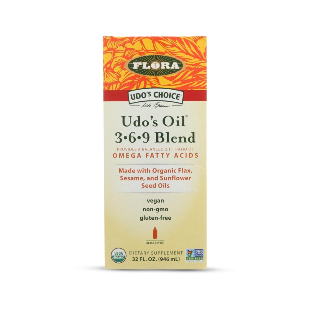 Flora Health UDOs Oil Omega 3-6-9 32 Oz Supplement | Organic | Plant Based | Vegan Fish Oil Alternative | Blend of Flaxseed, Coconut, Evening Primrose & More