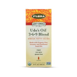 Flora Health UDOs Oil Omega 3-6-9 32 Oz Supplement | Organic | Plant Based | Vegan Fish Oil Alternative | Blend of Flaxseed, Coconut, Evening Primrose & More