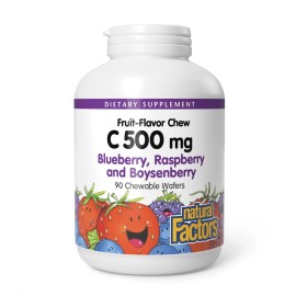 Natural Factors, Kids Chewable Vitamin C 500 mg, Supports Immune Health, Bones, Teeth and Gums, Blueberry, Raspberry and Boysenberry, 90 Count (Pack of 1)