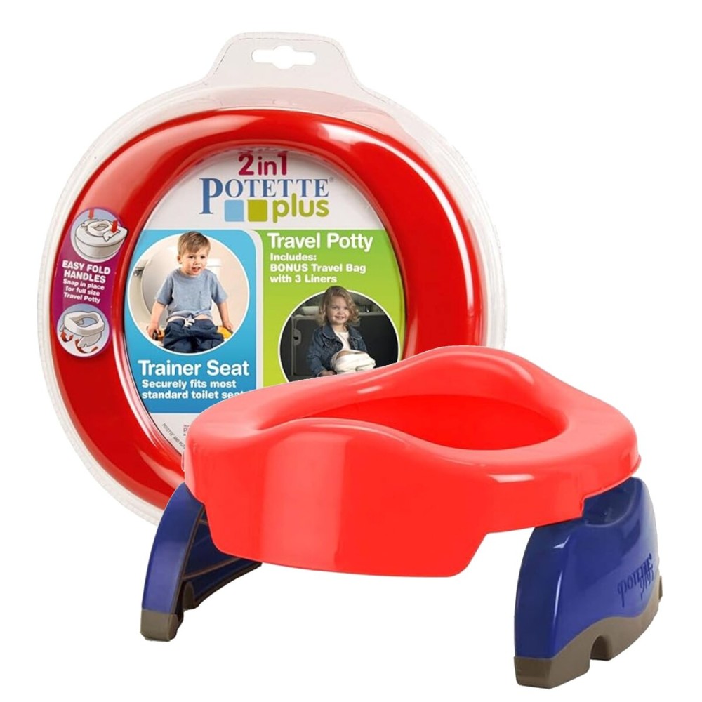 Kalencom Potette Plus 2-in-1 Travel Potty and Trainer Seat - Dual-Purpose Potty Training Toilet Seat - Portable Potty for Toddler Travel - With Durable, Lock-In Legs and Splash Guard - Red