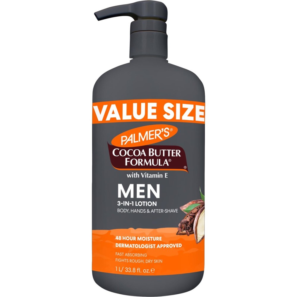 Palmer\'s Cocoa Butter Formula Men\'s Face Moisturizer & Body Lotion for Dry Skin, 33.8 oz, 3-in-1 Fast Absorbing Lotion for Men, 48-Hr Hydration with Vitamin E, Soothes Dryness, Dermatologist Approved