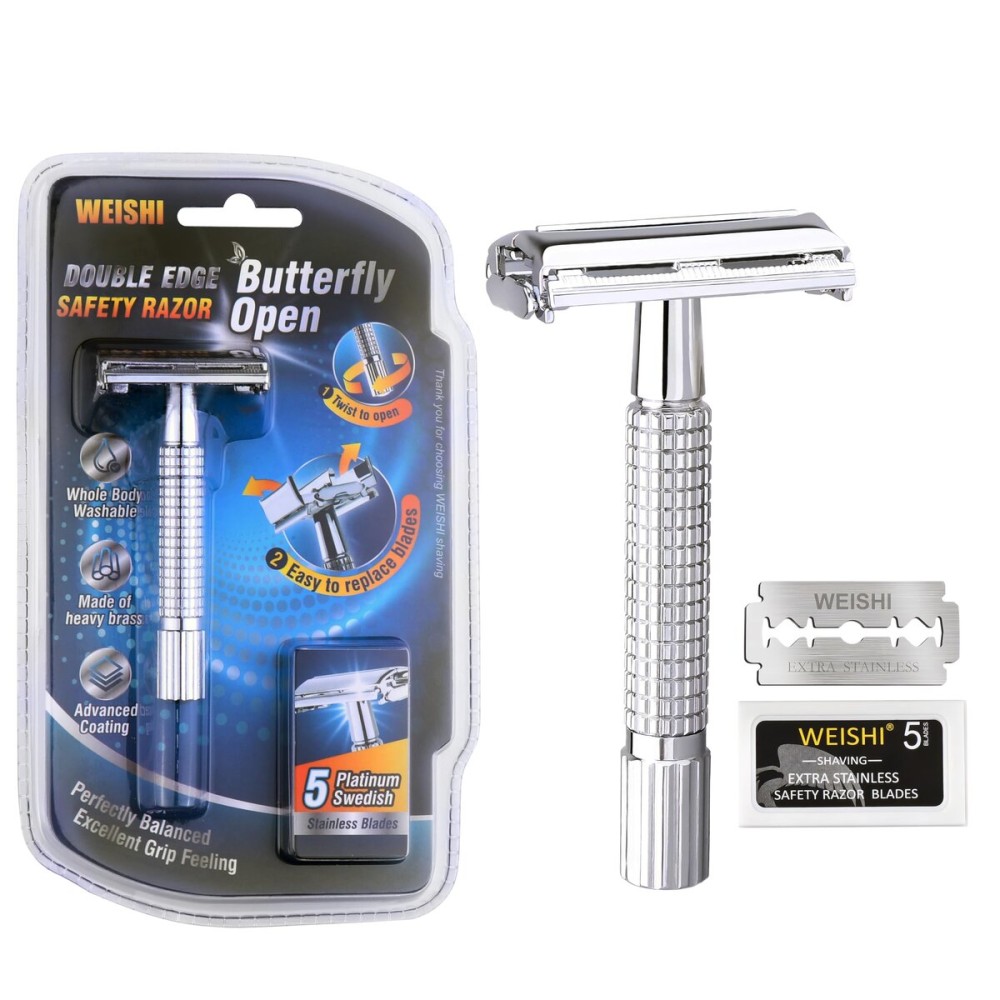 WEISHI Butterfly Open Double Edge Safety Razor for Men, Chrome Short Handle with 5 Stainless Razor Blades Included, Reusable Wet Shave Tool for Smooth, Close Shave