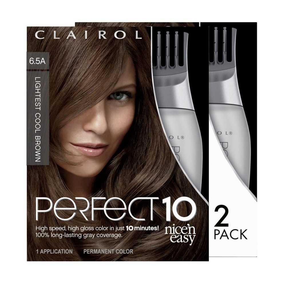 Clairol Nice\'n Easy Perfect 10 Permanent Hair Dye, 6.5A Lightest Cool Brown Hair Color, Pack of 2