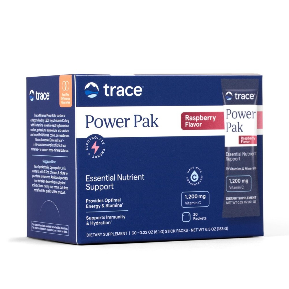 Trace Minerals Power Pak Multivitamin and Multimineral Packets - Electrolyte Support - 1200 mg Vitamin C plus 70+ Trace Minerals - Raspberry Flavor - 30 Packets
