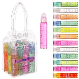 Expressions girl 12pc Roll On Lip Gloss Set with Carrying Case, Glossy Lip Make-up for Kids and Teens - Fruity Flavors, Non Toxic, Kid Friendly, Party Gift, Best Friends