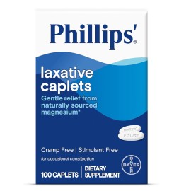 Phillips\' Laxative Caplets, With Naturally Sourced Magnesium Supplement for Gentle Relief of Occasional Constipation, Cramp and Stimulant Free Laxatives, 100 Caplets