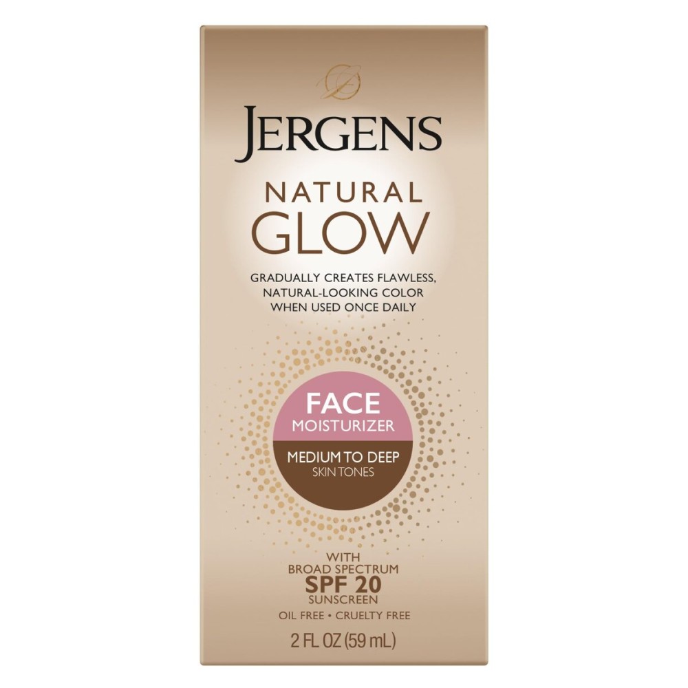 Jergens Natural Glow Self Tanner Face Moisturizer with SPF 20 Facial Sunscreen, Medium to Deep Skin Tone, Sunless Tanning, Oil Free, Broad Spectrum Protection UVA and UVB, 2 oz (Packaging May Vary)