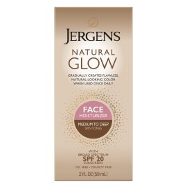 Jergens Natural Glow Self Tanner Face Moisturizer with SPF 20 Facial Sunscreen, Medium to Deep Skin Tone, Sunless Tanning, Oil Free, Broad Spectrum Protection UVA and UVB, 2 oz (Packaging May Vary)