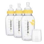 Medela Breast Milk Storage Bottles, 3 Pack of 8 Ounce Breastfeeding Bottles with Nipples, Lids, Wide Base Collars, and Travel Caps, Made Without BPA