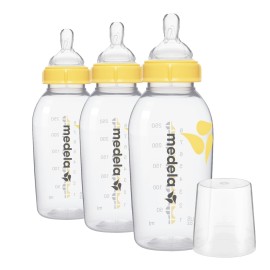 Medela Breast Milk Storage Bottles, 3 Pack of 8 Ounce Breastfeeding Bottles with Nipples, Lids, Wide Base Collars, and Travel Caps, Made Without BPA
