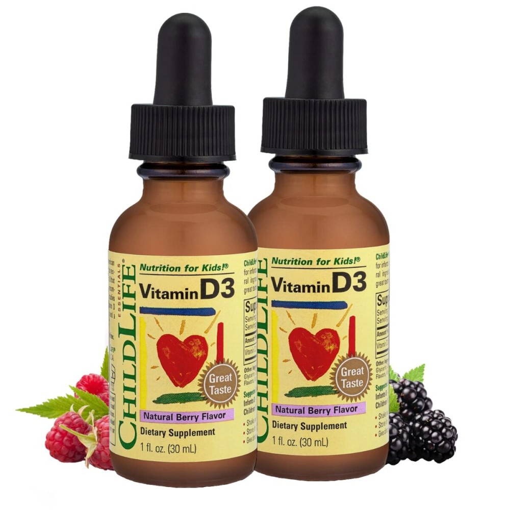 CHILDLIFE Essentials Vitamin D3 Drops for Kids, Children, & Toddlers - Liquid Vitamin D Drops, 500 IU per Drop, Immune & Bone Health Support, Natural Berry - 1 Fl Oz (Pack of 2)