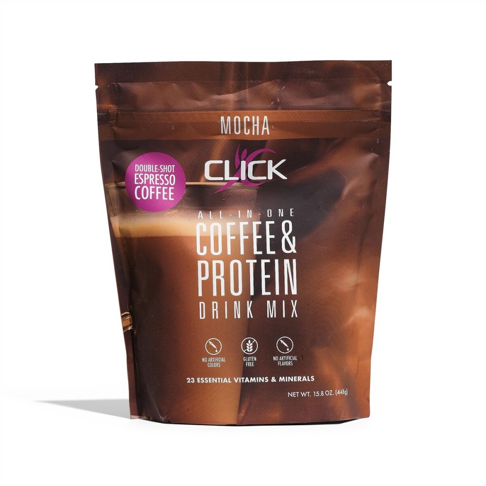 Click Coffee Protein, Protein & Real Coffee All-in-One, Meal Replacement Nutrition Drink, Mocha Flavor, 23 Essential Vitamins, Double Shot Espresso Coffee, Hot or Cold, 15.8-Ounce