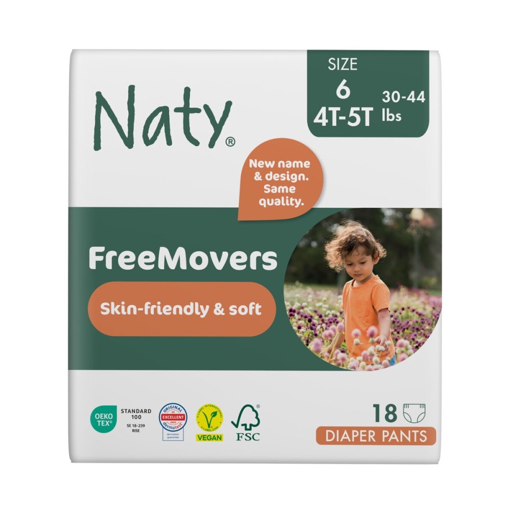 Naty FreeMovers Diaper Pants | Sensitive Skin Certified Potty Training Pants | Soft, Unscented | Absorbent & Leak-Proof | Unisex Baby & Toddler | Size 6, 4T-5T (30-44 lbs), 18 Count