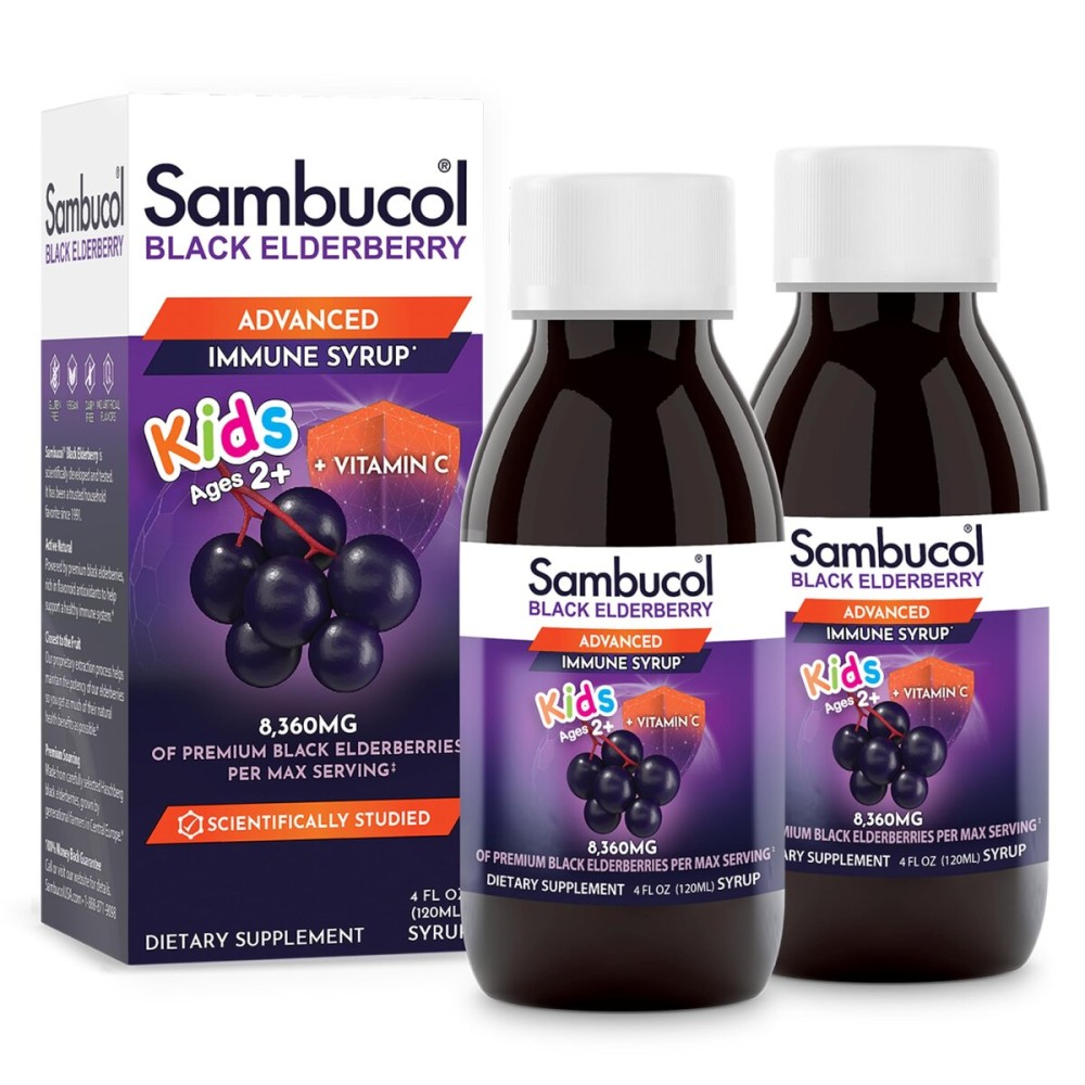 Sambucol Black Elderberry Syrup for Kids - Kids Elderberry Syrup, Added Vitamin C, Black Elderberry Syrup, Sambucus Elderberry Kids Syrup for Immune Support, Delicious Berry Taste - 4 Fl Oz, 2-Pack