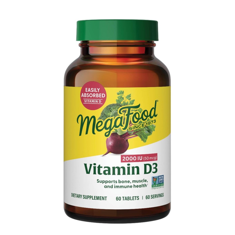 MegaFood Vitamin D3 2000 IU (50 mcg) - Vitamin D Supplements with Real Food, Immune Support, Supports Bones, Teeth & Muscles, Vegetarian, Certified Non-GMO, Kosher - 60 Tablets, 60 Servings