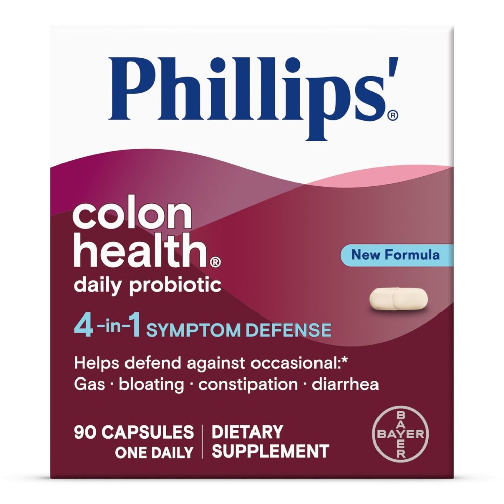 Phillips\' Colon Health Daily Probiotic Capsules, 4-in-1 Symptom Defense to Help Defend Against Occasional Gas, Bloating, Constipation, and Diarrhea, Daily Supplement, 90 Count