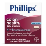 Phillips\' Colon Health Daily Probiotic Capsules, 4-in-1 Symptom Defense to Help Defend Against Occasional Gas, Bloating, Constipation, and Diarrhea, Daily Supplement, 90 Count