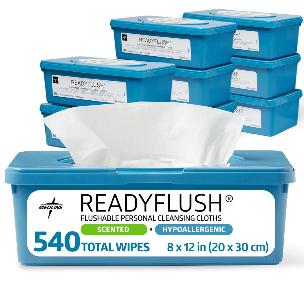 Medline ReadyFlush Flushable Wipes, 540 Wipes (60 Wipes, 9 Tubs), Scented, Biodegradable Flushable Incontinence Wet Wipes for Adults with Aloe, Hypoallergenic and pH-Balanced Personal Cleansing Cloths
