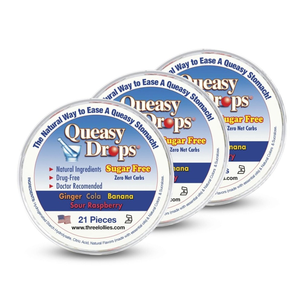 Three Lollies Queasy Drops Sugar Free - Relief from Nausea & Travel Sickness, Alleviates a Dry Mouth, Non-Drowsy Natural Ingredients - 21 ct (Pack of 3)