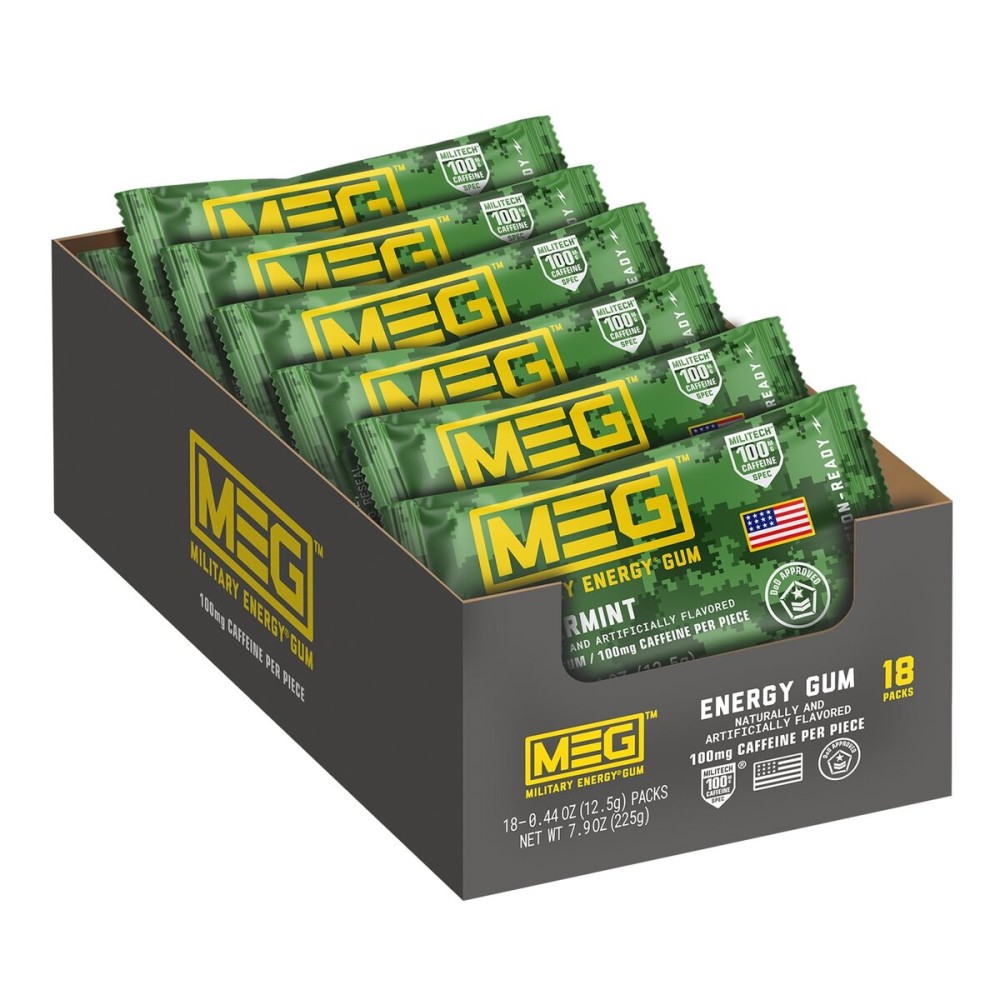 MEG (Military Energy Gum) - Spearmint | Enhance Your Physical Performance with 100mg of Caffeine Per Piece, Ultimate Energy Boost for Workouts, Alternative to Energy Drinks | Pack of 24