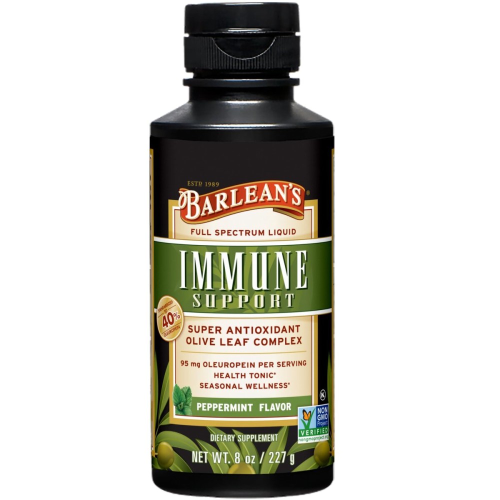 Barlean\'s Peppermint Olive Leaf Complex Liquid Immune Support Supplement, 95mg Oleuropein Antioxidants, 8 oz