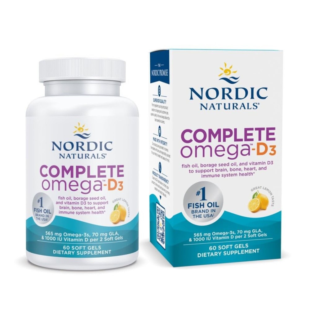 Nordic Naturals Complete Omega-D3, Lemon Flavor - 60 Soft Gels - 565 mg Omega-3 + 70 mg GLA + 1000 IU Vitamin D3 - EPA & DHA - Healthy Skin, Cognition, & Positive Mood - Non-GMO - 30 Servings